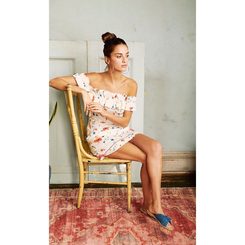 Saylor Darla Floral Off Shoulder Linen Mini Dress in Cream Medium